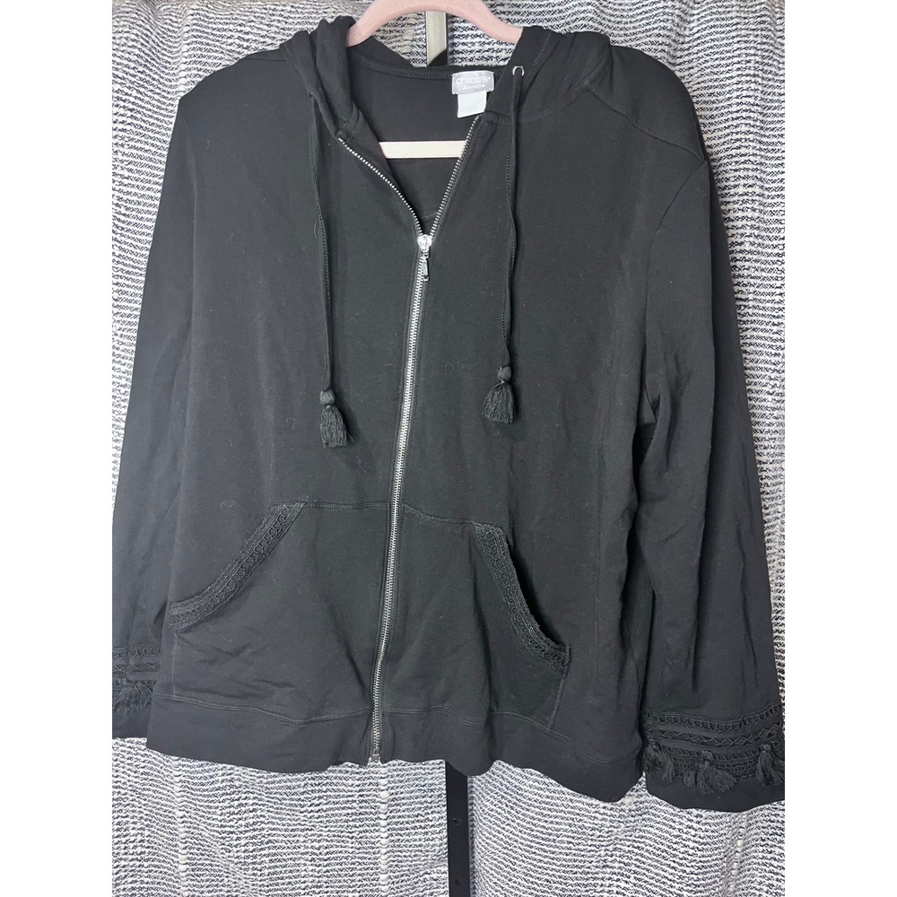 Chicos Black Zip Up Hoodie Jacket Cotton Blend Lace Tassel Detail Size 16 18‎
